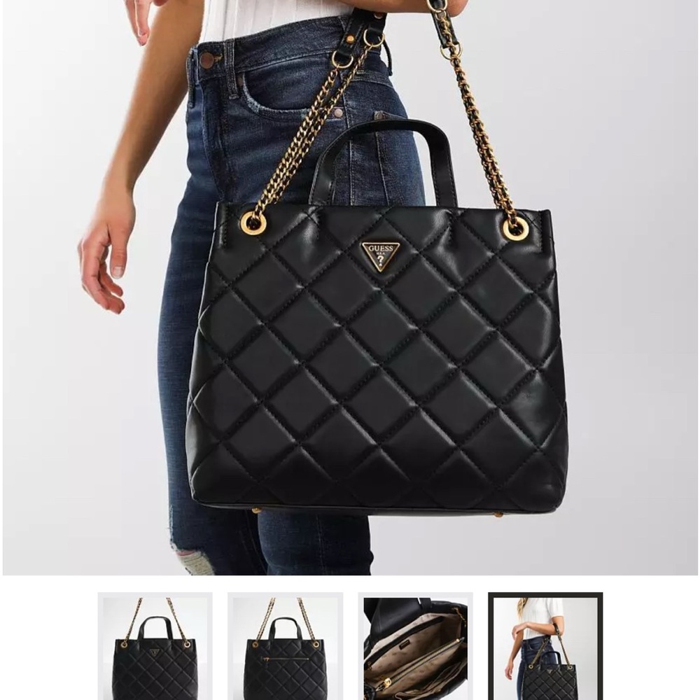 Guess Black Quilted Tote with Gold Accents